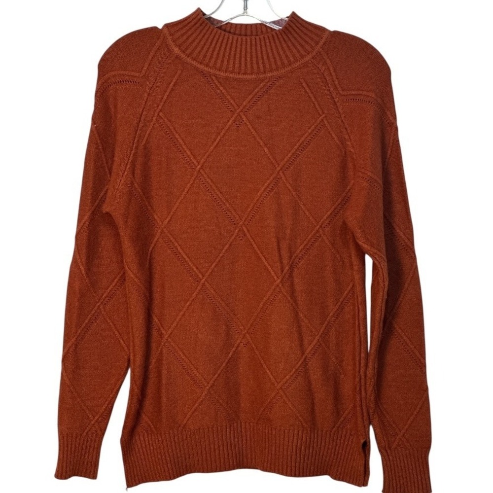 Victoria Sweater Diamond Knit Mock Neck Long Sleeve Pullover Casual Rust S/M